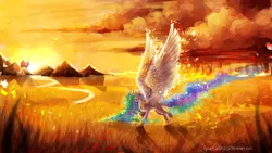 Size: 3000x1687 | Tagged: artist:aquagalaxy, cloud, cloudy, commission, derpibooru import, field, grass, princess celestia, running, safe, scenery, solo, spread wings, sunset