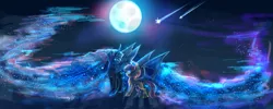 Size: 2000x800 | Tagged: safe, artist:aquagalaxy, derpibooru import, princess luna, scootaloo, alicorn, bat pony, pony, bat ponified, eye contact, female, mare, moon, night, race swap, scootabat, shooting star, spread wings