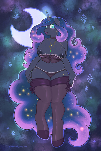 Size: 667x1000 | Tagged: anthro, artist:onnanoko, belly button, breasts, busty princess luna, clothes, curvy, derpibooru import, fat, female, frilly underwear, lingerie, nipples, panties, plump, princess luna, questionable, solo, solo female, stockings, underwear, wide hips