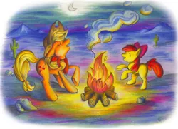 Size: 1518x1099 | Tagged: safe, artist:opallene, derpibooru import, apple bloom, applejack, pony, apple siblings, cactus, campfire, desert, howling, moon, open mouth, rearing, scenery