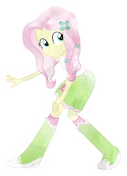 Size: 5000x6963 | Tagged: safe, artist:meteor-spark, derpibooru import, fluttershy, equestria girls, absurd resolution, boots, clothes, crystallized, flower, flower in hair, high heel boots, looking at you, simple background, skirt, socks, solo, sparkles, transparent background, vector