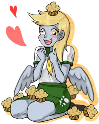 Size: 333x419 | Tagged: safe, artist:cofotory, derpibooru import, derpy hooves, equestria girls, :d, heart, muffin, pony coloring, simple background, solo, that pony sure does love muffins, transparent background, winged humanization
