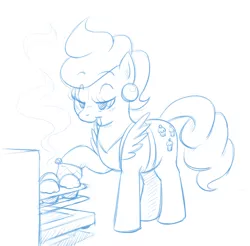 Size: 676x666 | Tagged: safe, artist:darkpandax, derpibooru import, cup cake, earth pony, pony, apron, baking, clothes, cupcake, ear piercing, earring, female, food, jewelry, lidded eyes, looking down, mare, monochrome, open mouth, oven, oven mitts, piercing, solo