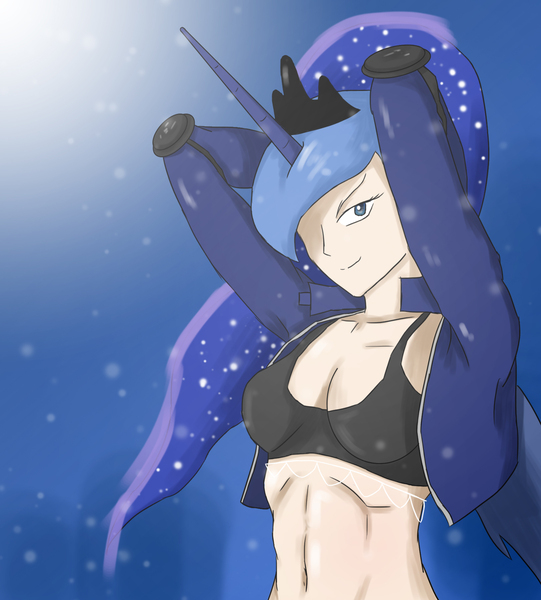 Size: 1622x1800 | Tagged: abs, artist:mlj-lucarias, ask biker luna, belly button, bra, breasts, cleavage, clothes, derpibooru import, female, human, humanized, midriff, princess luna, smiling, solo, suggestive, underwear
