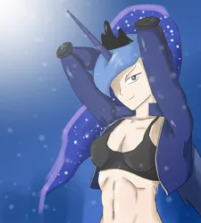 Size: 1622x1800 | Tagged: abs, artist:mlj-lucarias, ask biker luna, belly button, bra, breasts, cleavage, clothes, derpibooru import, female, human, humanized, midriff, princess luna, smiling, solo, suggestive, underwear