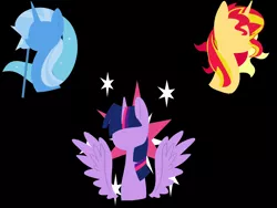Size: 1600x1200 | Tagged: safe, artist:yaaaco, derpibooru import, sunset shimmer, trixie, twilight sparkle, twilight sparkle (alicorn), alicorn, pony, unicorn, black background, bust, counterparts, cutie mark, cutie mark background, female, horn, lineless, magical trio, mare, moon, portrait, simple background, solo, spread wings, stars, sun, sunshine shimmer, twilight's counterparts, wings