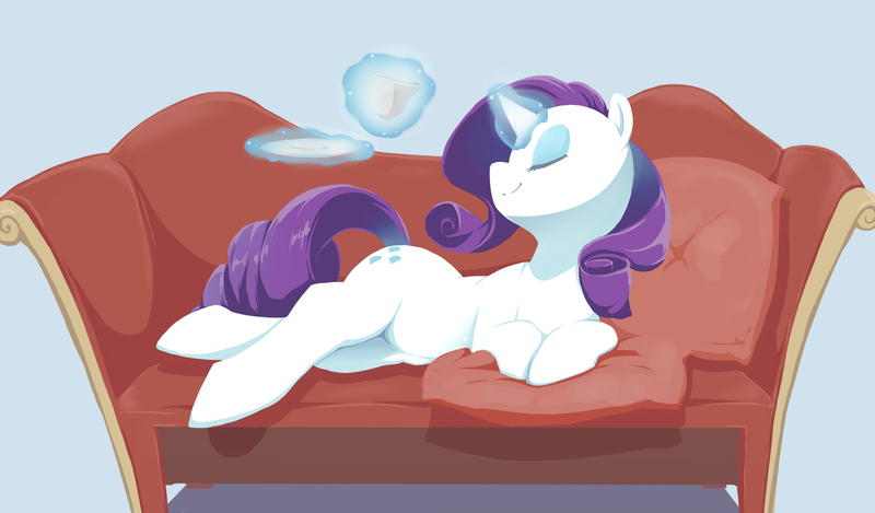 Size: 1705x1000 | Tagged: artist:siagia, couch, derpibooru import, eyes closed, fabulous, magic, pixiv, rarity, safe, solo, teacup