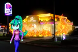 Size: 1600x1067 | Tagged: semi-grimdark, artist:ilacavgbmjc, derpibooru import, sonata dusk, equestria girls, rainbow rocks, angry, arson, destruction, evil, fire, irl, photo, ponies in real life, rage, solo, sonataco, taco bell