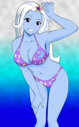 Size: 3285x5269 | Tagged: dead source, suggestive, artist:andrewtodaro, derpibooru import, edit, trixie, equestria girls, armpits, belly button, big breasts, bikini, breasts, busty trixie, cleavage, clothes, equestria girls-ified, female, grin, solo, solo female, swimsuit