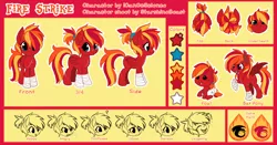 Size: 1200x628 | Tagged: safe, artist:starshinebeast, derpibooru import, oc, oc:fire strike, unofficial characters only, bat pony, pegasus, pony, blue eyes, commission, emotions, female, foal, hoof wraps, mare, multicolored hair, ponytail, red coat, reference sheet