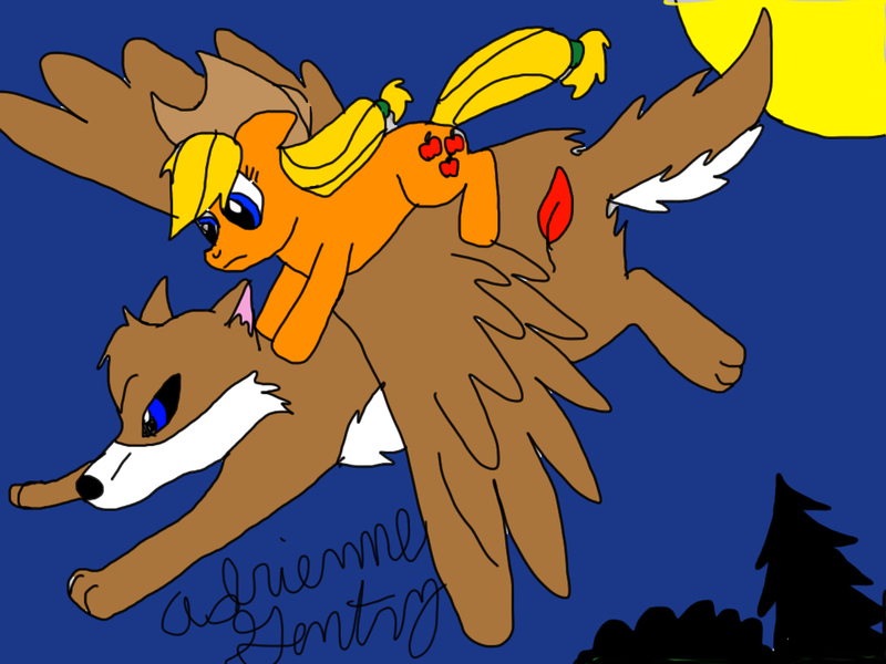 Size: 1024x768 | Tagged: safe, artist:adeanwolf, derpibooru import, applejack, oc, wolf, flying, non-mlp oc, winged wolf