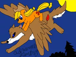 Size: 1024x768 | Tagged: safe, artist:adeanwolf, derpibooru import, applejack, oc, wolf, flying, non-mlp oc, winged wolf