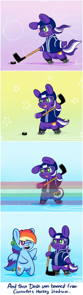 Size: 834x2955 | Tagged: safe, artist:dsp2003, derpibooru import, rainbow dash, oc, oc:proudy hooves, earth pony, pegasus, pony, annoyed, bipedal, chibi, comic, female, hockey, hockey puck, male, style emulation