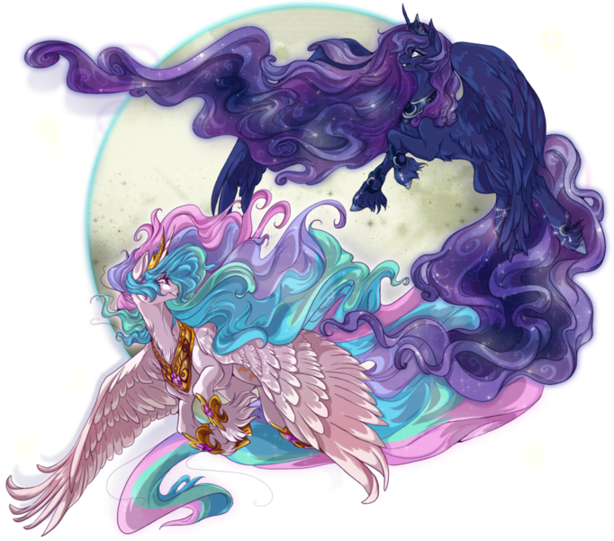 Size: 1024x901 | Tagged: safe, artist:cigarscigarettes, derpibooru import, princess celestia, princess luna, alicorn, pony, duo, female, flying, huge mane, huge tail, mare, unshorn fetlocks