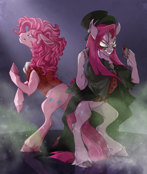 Size: 900x1068 | Tagged: semi-grimdark, artist:cigarscigarettes, derpibooru import, pinkie pie, pony, bipedal, clothes, crossover, dr jekyll and mr hyde, dr pinkie, dr pinkie and miss pie, duality, hat, miss pie, pinkamena diane pie, unshorn fetlocks