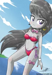 Size: 739x1055 | Tagged: suggestive, artist:the-butch-x, derpibooru import, octavia melody, equestria girls, adorasexy, armpits, beach, belly button, bicolor swimsuit, bikini, bowtie, breasts, busty octavia, clothes, cuffs (clothes), cute, cutie mark, cutie mark on equestria girl, earring, female, garter, nail polish, ocean, red swimsuit, ribbon, sexy, side-tie bikini, solo, solo female, swimsuit, tavibetes, underass, water, x summer