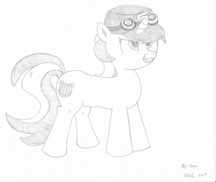 Size: 2020x1700 | Tagged: artist:mc-ryan, derpibooru import, determined, hat, hermes, lyra heartstrings, monochrome, safe, solo, team fortress 2, traditional art