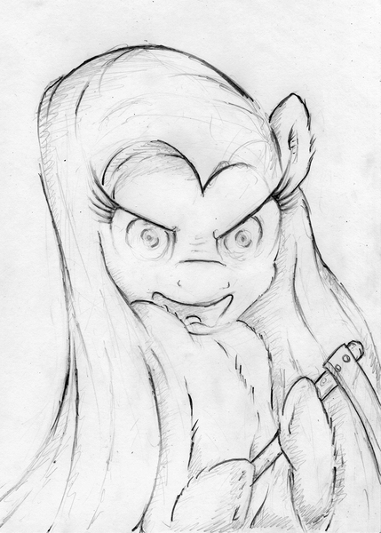 Size: 1545x2160 | Tagged: safe, artist:gezawatt, derpibooru import, pinkie pie, pony, angry, creepy, looking at you, monochrome, pencil drawing, pinkamena diane pie, scythe, semi-realistic, sketch, solo, traditional art