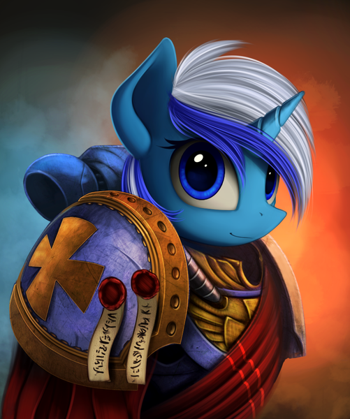 Size: 891x1067 | Tagged: safe, artist:yakovlev-vad, derpibooru import, minuette, unicorn, crossover, looking at you, power armor, purity seal, solo, space marine, warhammer (game), warhammer 40k