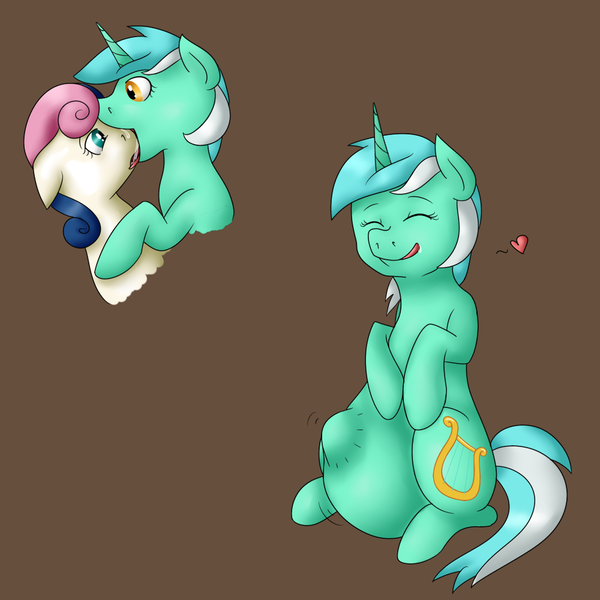 Size: 1000x1000 | Tagged: questionable, artist:emeraldfur, derpibooru import, bon bon, lyra heartstrings, sweetie drops, belly, drool, female, fetish, heart, lesbian, licking lips, lyrabon, lyrapred, shipping, soft vore, tongue out, vore