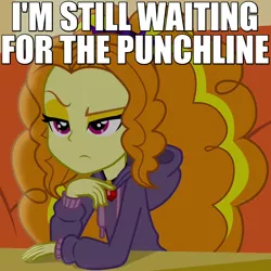 Size: 650x650 | Tagged: safe, derpibooru import, screencap, adagio dazzle, equestria girls, rainbow rocks, caption, clothes, hoodie, image macro, raised eyebrow, reaction image, solo, unamused