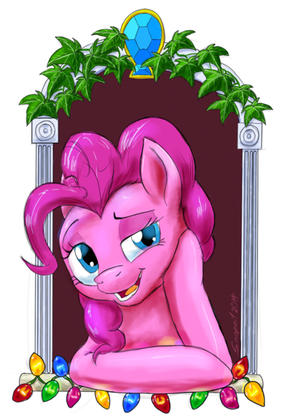 Size: 736x1088 | Tagged: artist:snapai, derpibooru import, ivy, lights, pinkie pie, safe, simple background, solo, transparent background, window