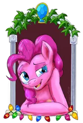 Size: 736x1088 | Tagged: artist:snapai, derpibooru import, ivy, lights, pinkie pie, safe, simple background, solo, transparent background, window