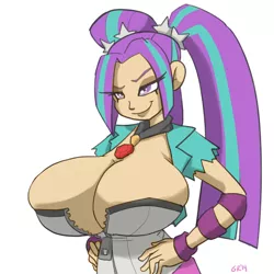 Size: 900x900 | Tagged: suggestive, artist:moronsonofboron, derpibooru import, aria blaze, equestria girls, rainbow rocks, amulet, bedroom eyes, big breasts, breasts, busty aria blaze, cleavage, clothes, corset, female, huge breasts, necklace, solo, solo female, twintails, vest, zipper