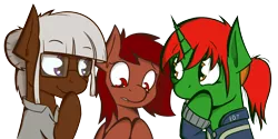 Size: 2500x1250 | Tagged: safe, artist:jordo76, derpibooru import, oc, oc:amalgam, oc:penny, oc:whiteboard, unofficial characters only, earth pony, pony, unicorn, fallout equestria, amused, clothes, ginger, glasses, horn, lab coat, redhead, smiling, vault suit