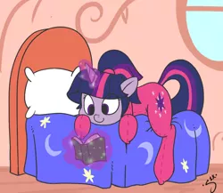 Size: 978x848 | Tagged: alternate hairstyle, artist:silver1kunai, bed, book, clothes, cute, day, derpibooru import, footed sleeper, magic, pajamas, ponytail, prone, reading, safe, smiling, solo, telekinesis, twiabetes, twilight sparkle
