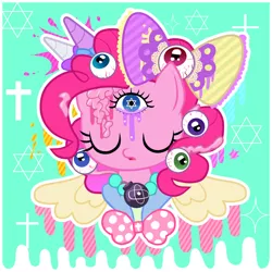 Size: 1000x1000 | Tagged: semi-grimdark, artist:momo, derpibooru import, pinkie pie, pony, askharajukupinkiepie, candy gore, cross, cute, diapinkes, eldritch abomination, eyes, female, grimcute, horn, kyary pamyu pamyu, mare, nightmare fuel, ponponpon, solo, star of david, third eye, this isn't even my final form, too many eyes, wings