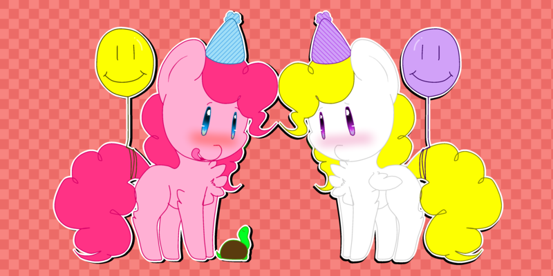 Size: 4000x2000 | Tagged: safe, artist:butterscothfever223, derpibooru import, pinkie pie, surprise, turtle, balloon, chibi, hat, party hat, solo