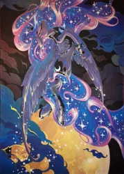 Size: 2150x3000 | Tagged: acrylic painting, artist:chio-kami, beautiful, color porn, derpibooru import, eyes closed, flying, jewelry, long hair, long mane, long tail, princess luna, safe, shiny, solo, traditional art