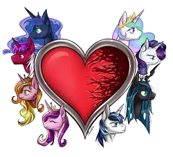 Size: 1000x909 | Tagged: artist:moenkin, bust, derpibooru import, heart, oc, princess cadance, princess celestia, princess luna, queen chrysalis, rarity, safe, shining armor, simple background, transparent background