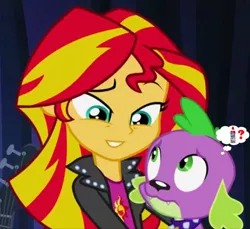 Size: 1096x1002 | Tagged: safe, derpibooru import, edit, edited screencap, screencap, spike, sunset shimmer, dog, equestria girls, rainbow rocks, bedroom eyes, cute, female, frown, grin, hug, love, male, shipping, smiling, spike the dog, straight, sunsetspike, thought bubble, whipped cream, wide eyes