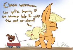 Size: 1100x750 | Tagged: safe, artist:heir-of-rick, derpibooru import, applejack, winona, alternate hairstyle, cute, eyes closed, filly, fluffy, impossibly large ears, jackabetes, :o, pigtails, puppy, wagon, walking