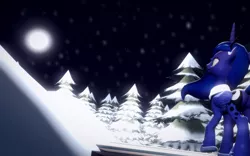 Size: 1680x1050 | Tagged: safe, artist:valkyrie1312, derpibooru import, princess luna, 3d, clothes, full moon, gmod, night, scarf, snow, snowfall, solo, tree, winter