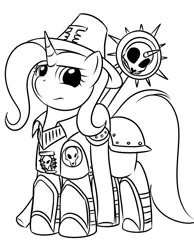 Size: 700x900 | Tagged: safe, artist:kloudmutt, derpibooru import, trixie, pony, unicorn, clothes, crossover, female, hat, inquisition, inquisitor, mare, monochrome, solo, uniform, warhammer (game), warhammer 40k