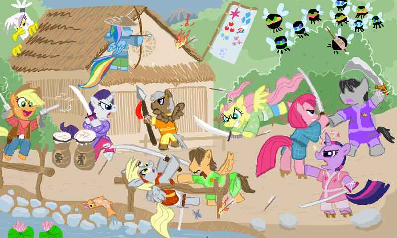 Size: 801x481 | Tagged: safe, artist:shutterflye, derpibooru import, applejack, derpy hooves, dumbbell, fluttershy, gilda, hoops, pinkie pie, quarterback, rainbow dash, rarity, twilight sparkle, oc, fish, gryphon, parasprite, pony, archer dash, arrow, badass, bipedal, bow (weapon), bow and arrow, clothes, crossover, fire, flag, flower, flutterbadass, gun, hat, house, legend of the five rings, mane six, pinkamena diane pie, samurai, score, spear, sword, water, weapon