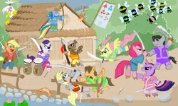 Size: 801x481 | Tagged: safe, artist:shutterflye, derpibooru import, applejack, derpy hooves, dumbbell, fluttershy, gilda, hoops, pinkie pie, quarterback, rainbow dash, rarity, twilight sparkle, oc, fish, gryphon, parasprite, pony, archer dash, arrow, badass, bipedal, bow (weapon), bow and arrow, clothes, crossover, fire, flag, flower, flutterbadass, gun, hat, house, legend of the five rings, mane six, pinkamena diane pie, samurai, score, spear, sword, water, weapon