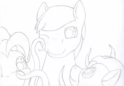 Size: 1238x856 | Tagged: safe, artist:parallel black, derpibooru import, pinkie pie, oc, oc:cuddlhu, oc:margrave creek, monochrome, ponysuit, sketch, tentacles, traditional art