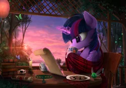 Size: 2500x1740 | Tagged: safe, artist:yakovlev-vad, derpibooru import, twilight sparkle, twilight sparkle (alicorn), alicorn, butterfly, firefly (insect), mosquito, parasprite, pony, art, blanket, book, candle, chest fluff, coffee mug, comfy, cookie, female, fluffy, food, incense, inkwell, lake, lantern, levitation, magic, mare, mountain, mug, reading, russian, scenery, scenery porn, scroll, sky, solo, table, tea, telekinesis, tree, water