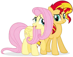 Size: 905x698 | Tagged: safe, artist:ezidze, derpibooru import, fluttershy, sunset shimmer, pegasus, pony, unicorn, female, lesbian, shipping, simple background, sunshyne, transparent background, vector