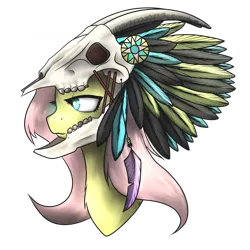 Size: 1280x1278 | Tagged: artist:taps, chiefyshy, derpibooru import, feather, fluttershy, goat skull, headdress, helmet, safe, skull, skull helmet, solo