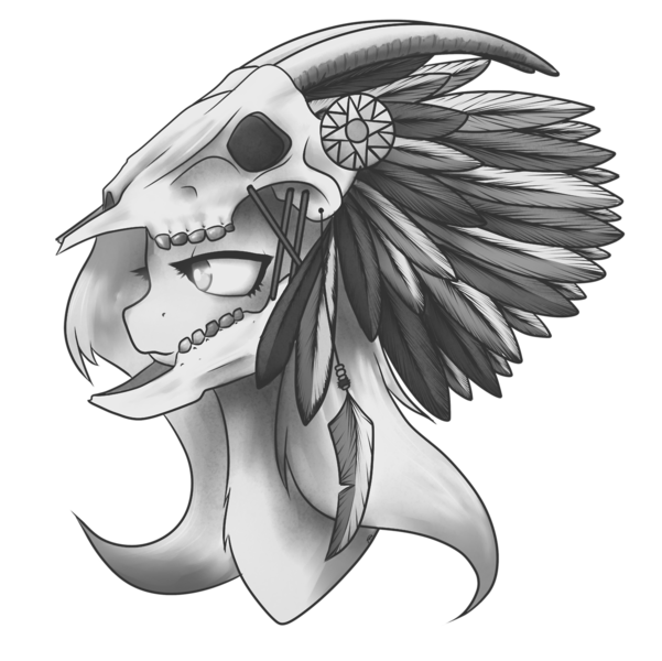 Size: 1280x1278 | Tagged: artist:taps, chiefyshy, derpibooru import, feather, fluttershy, goat skull, headdress, helmet, monochrome, safe, skull, skull helmet