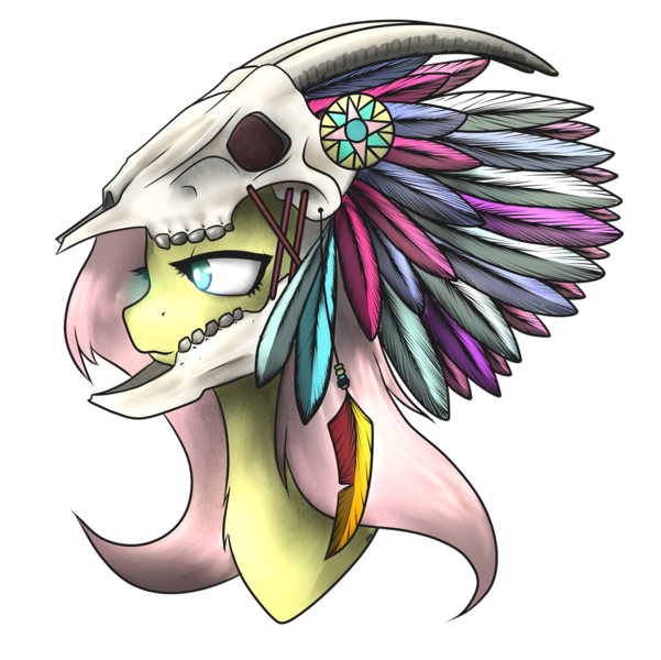 Size: 1280x1278 | Tagged: artist:taps, chiefyshy, derpibooru import, feather, fluttershy, fluttersquaw, goat skull, headdress, helmet, native american, safe, skull, skull helmet, solo, tribal