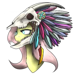 Size: 1280x1278 | Tagged: artist:taps, chiefyshy, derpibooru import, feather, fluttershy, fluttersquaw, goat skull, headdress, helmet, native american, safe, skull, skull helmet, solo, tribal