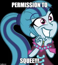 Size: 490x546 | Tagged: artist needed, safe, derpibooru import, sonata dusk, equestria girls, rainbow rocks, black background, caption, cute, doctor who, female, grin, image macro, imgflip, simple background, smiling, solo, sonatabetes, squee, text, wide eyes