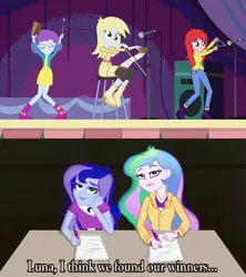 Size: 1280x1440 | Tagged: safe, derpibooru import, blueberry pie, derpy hooves, princess celestia, princess luna, raspberry fluff, equestria girls, rainbow rocks, background human, battle of the bands, cowbell, judges, musical instrument, musical saw, principal celestia, principal-vice principal judges you, triangle, vice principal luna