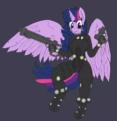 Size: 2000x2066 | Tagged: anthro, artist:magical disaster, breasts, clothes, cosplay, costume, derpibooru import, female, flying, gantz, gun, looking at you, no trigger discipline, overall, safe, seve, twilight sparkle, twilight sparkle (alicorn), wip
